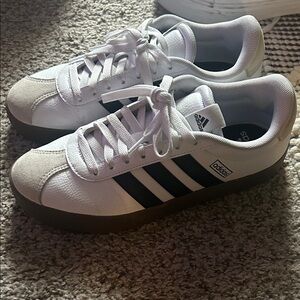 adidas White Sneakers with Black Stripes and Gum Sole